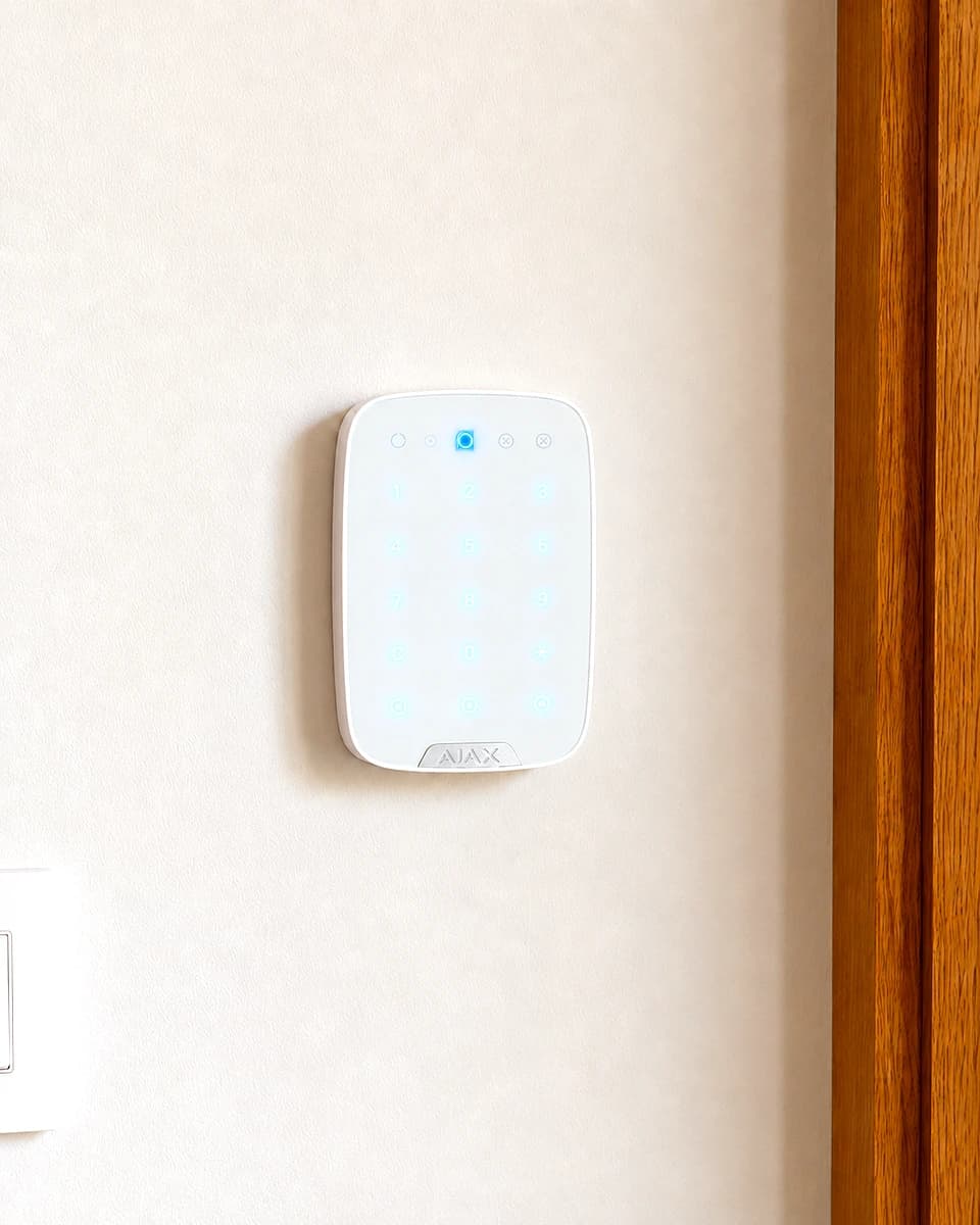 Illuminated Ajax keypad installed on a clean interior wall beside wood trim